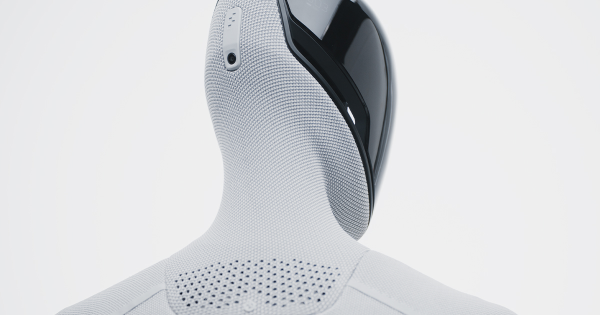 Figure 03 humanoid robot with white knit-fabric skin and black visor